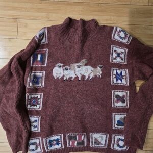 Cozy Maroon Sweater with Sheep and Patchwork Design